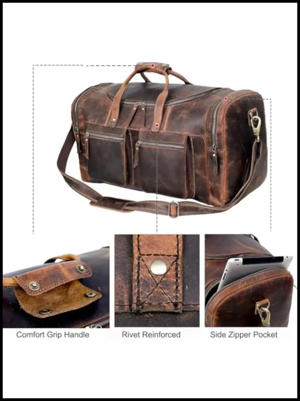 Vintage Style Leather Duffel Bag, Handmade, Full Grain Cowhide, Travel Gym